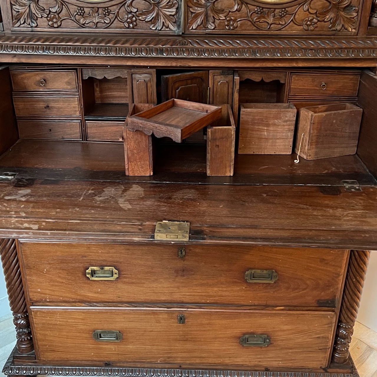 19th C. Anglo-Indian Carved Bookcase Desk with Secret Compartments