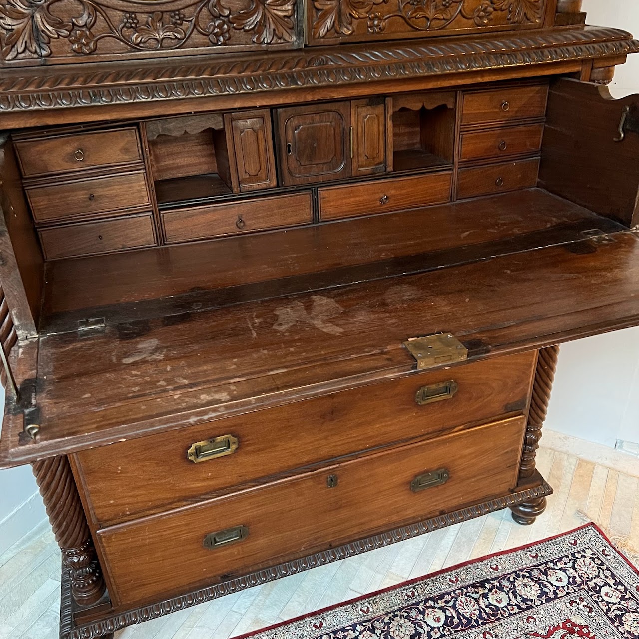 19th C. Anglo-Indian Carved Bookcase Desk with Secret Compartments