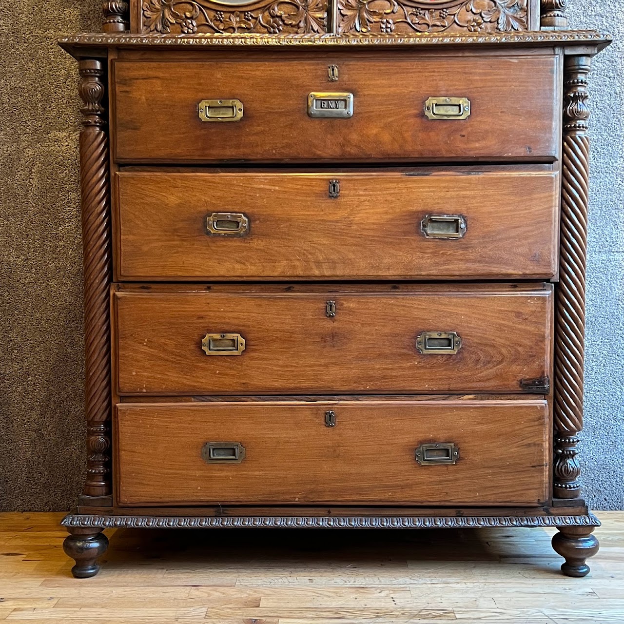 19th C. Anglo-Indian Carved Bookcase Desk with Secret Compartments