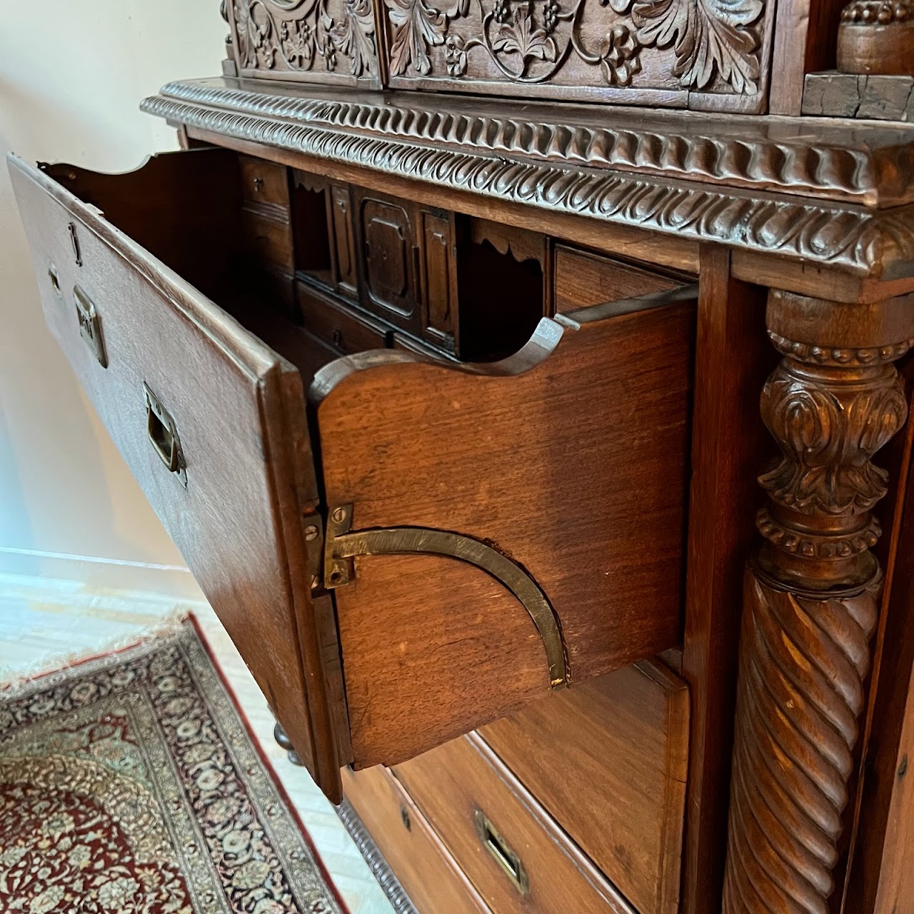 19th C. Anglo-Indian Carved Bookcase Desk with Secret Compartments