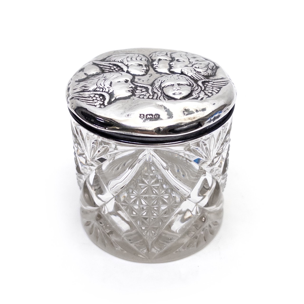 Sterling Silver Cover Top Cut Glass Dresser Jar 3 in. h. x 3.25 in