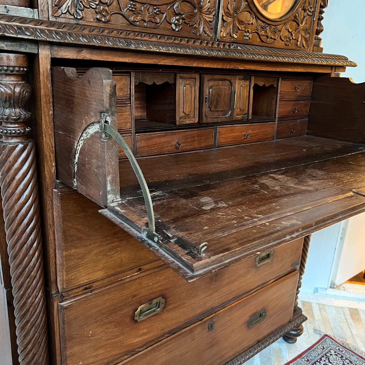 19th C. Anglo-Indian Carved Bookcase Desk with Secret Compartments