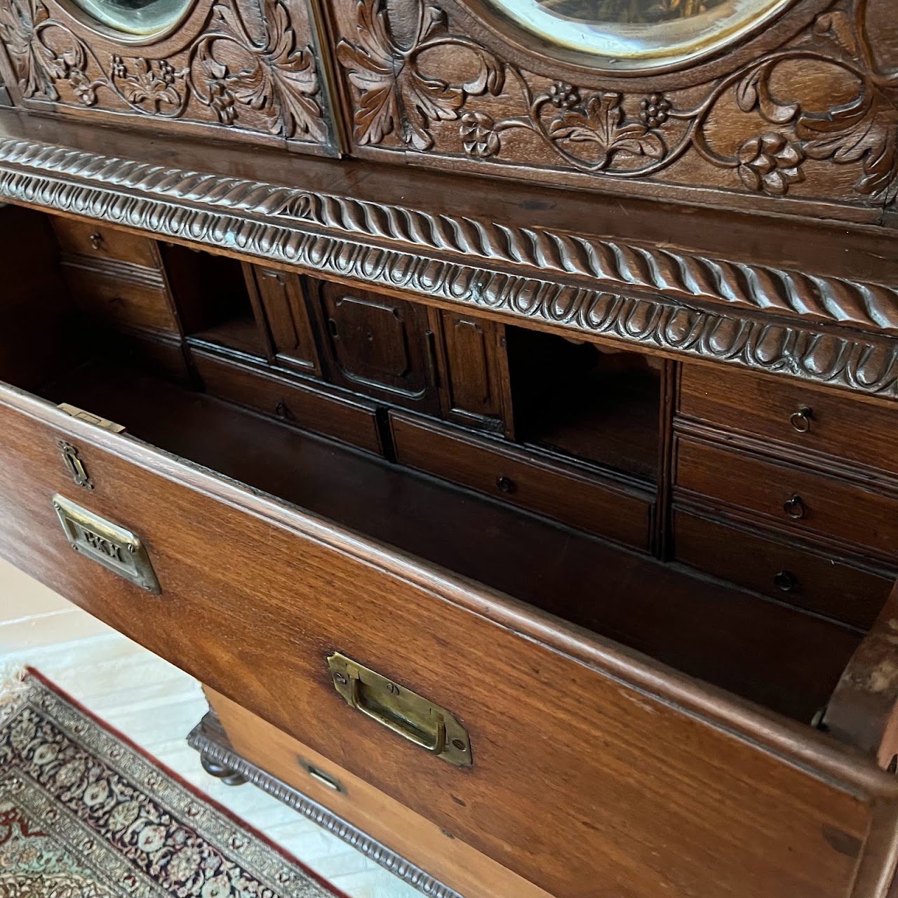 19th C. Anglo-Indian Carved Bookcase Desk with Secret Compartments