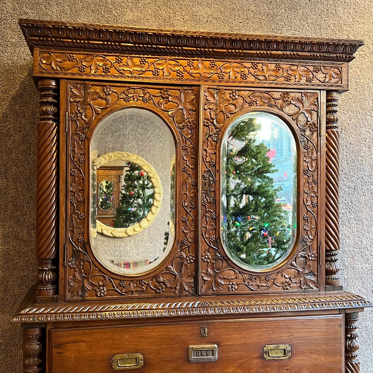 19th C. Anglo-Indian Carved Bookcase Desk with Secret Compartments