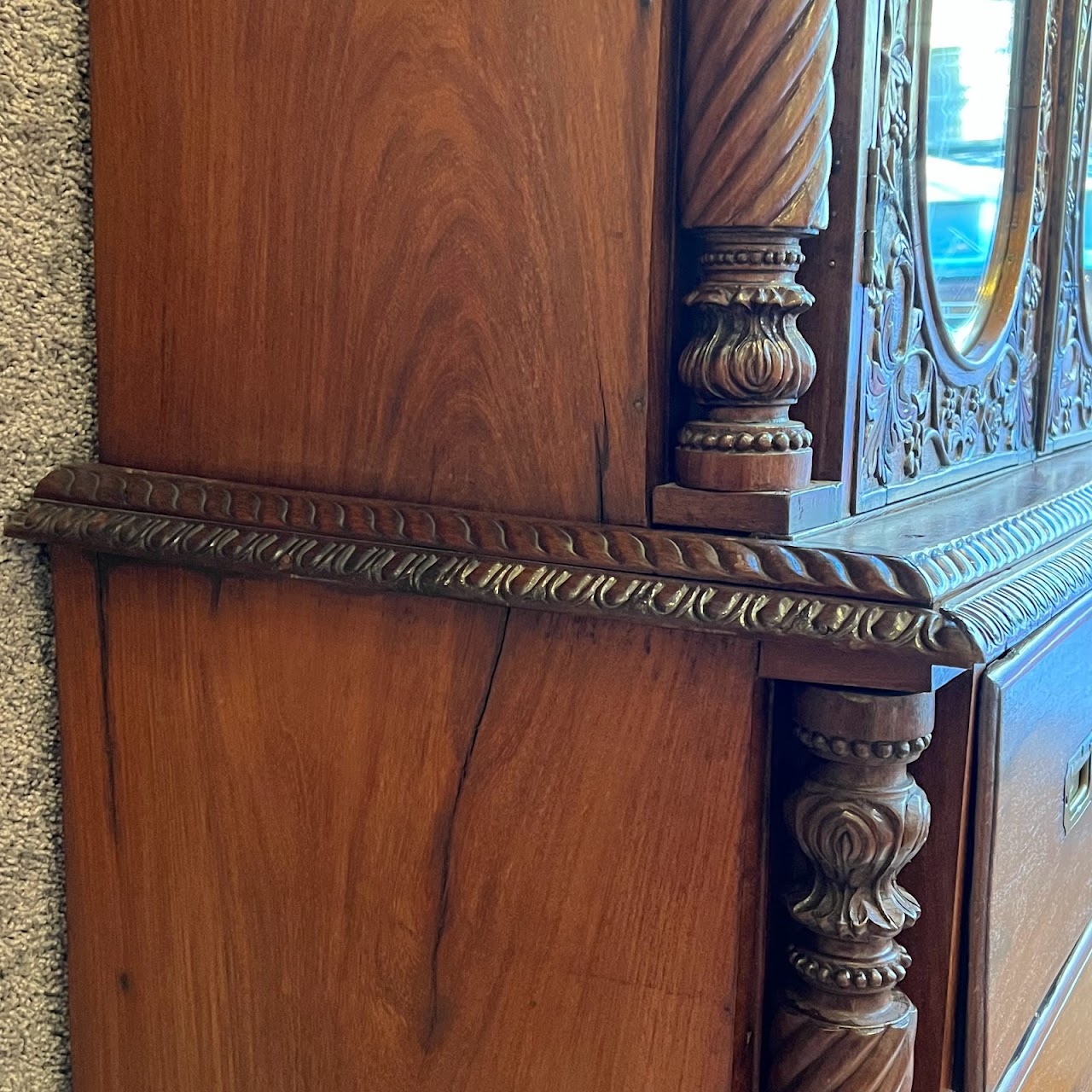 19th C. Anglo-Indian Carved Bookcase Desk with Secret Compartments