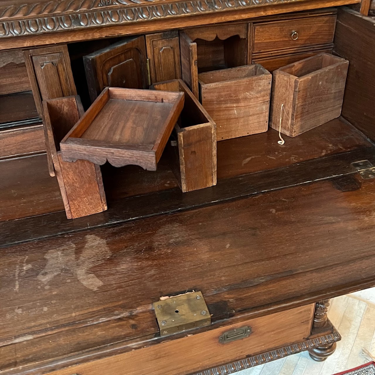 19th C. Anglo-Indian Carved Bookcase Desk with Secret Compartments