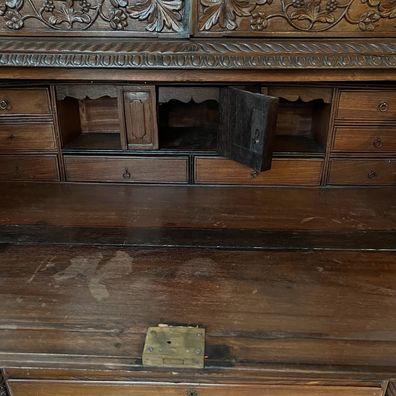 19th C. Anglo-Indian Carved Bookcase Desk with Secret Compartments