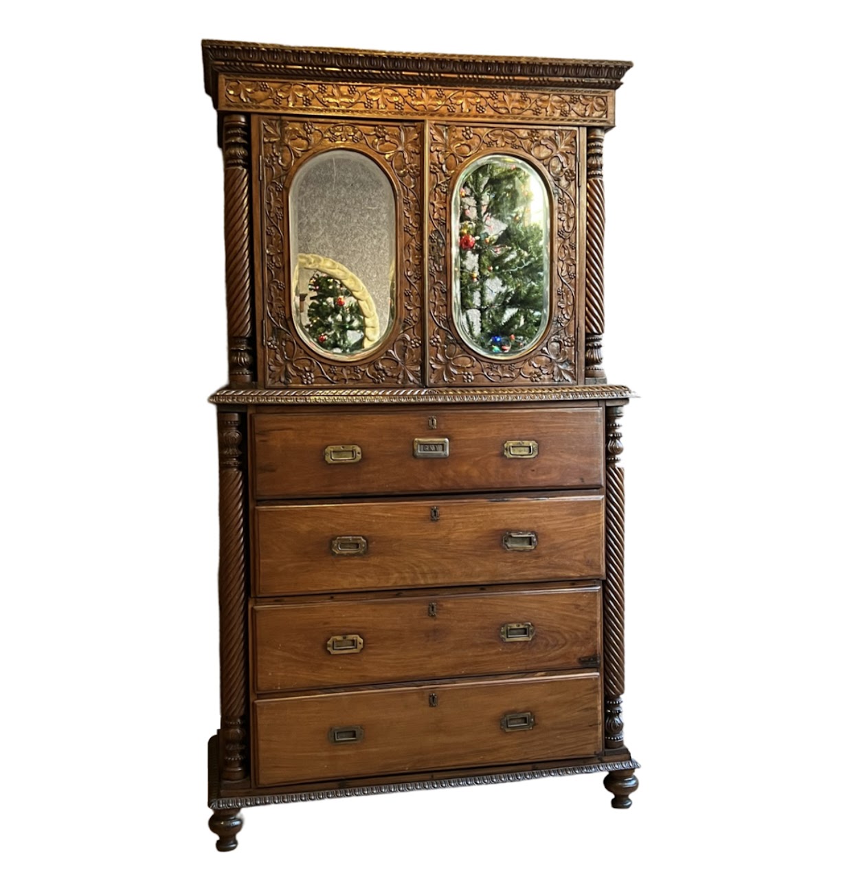 19th C. Anglo-Indian Carved Bookcase Desk with Secret Compartments