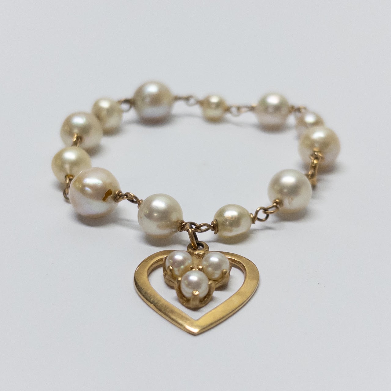 14K Gold and Pearl Heart Charm Bracelet