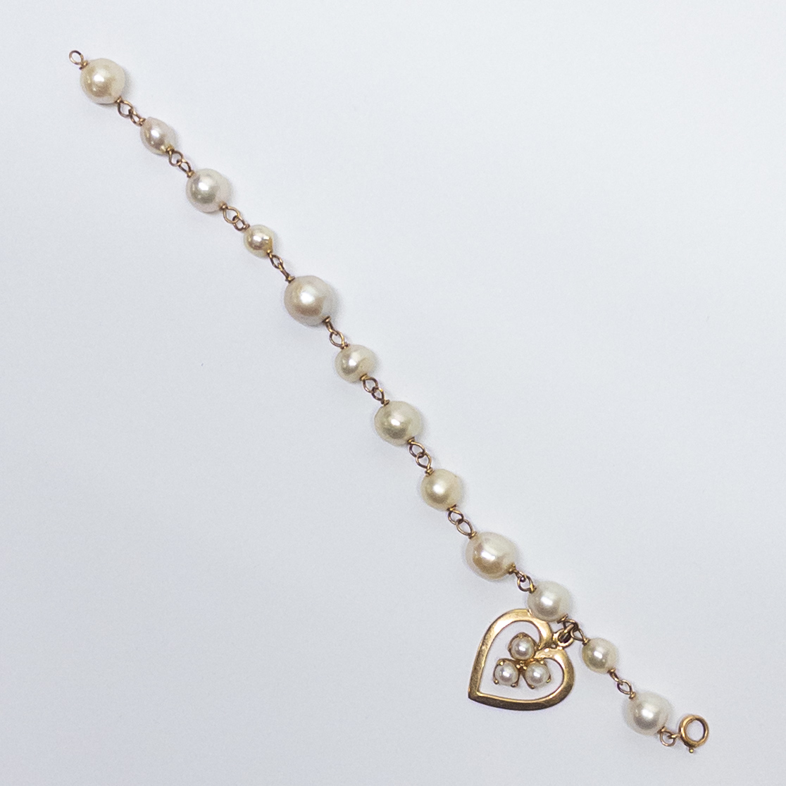 14K Gold and Pearl Heart Charm Bracelet