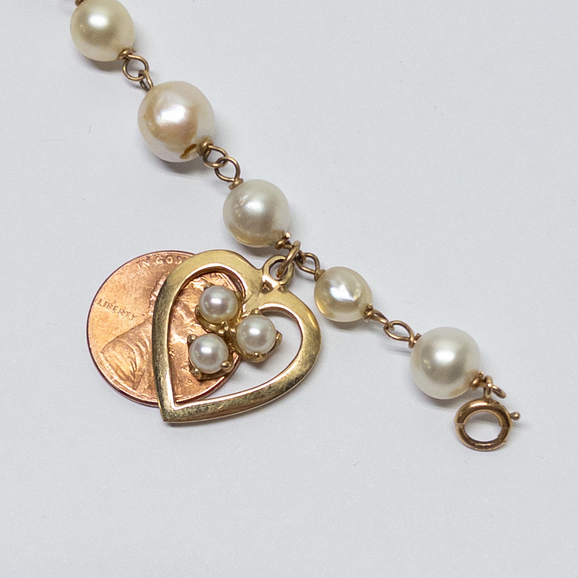 14K Gold and Pearl Heart Charm Bracelet