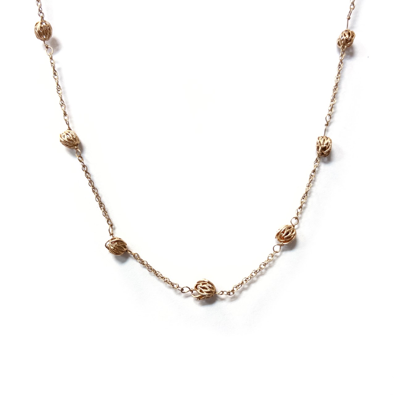 14K Gold Filligree Bead Station Necklace