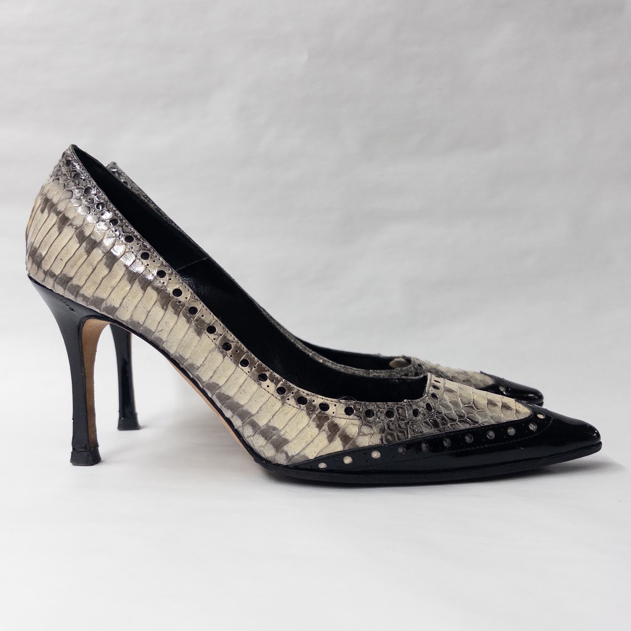 Manolo Blahnik Wingtip Snakeskin Pumps