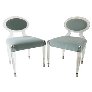 Lucite and Robin's Egg Velvet Diminutive Chair Pair