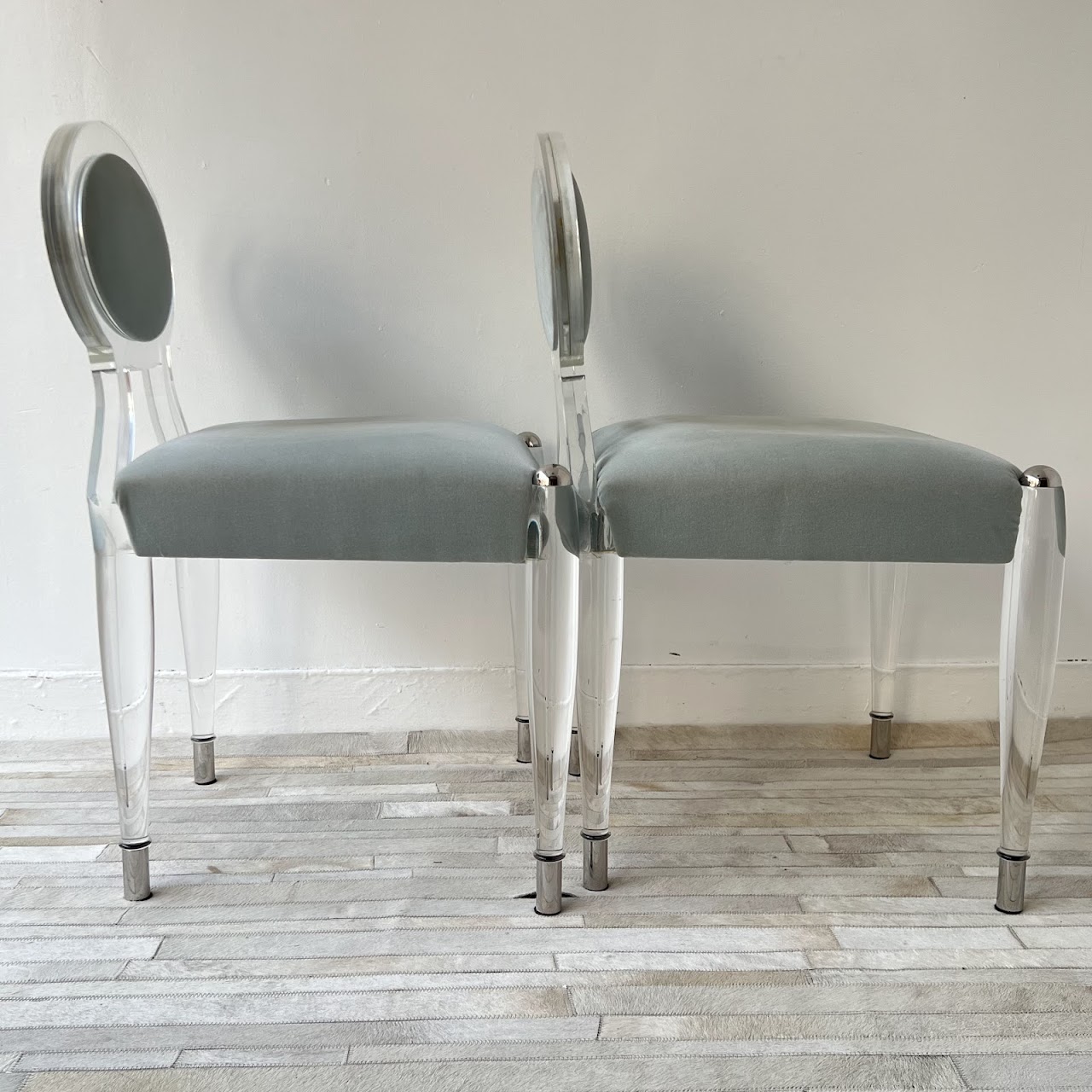 Lucite and Robin's Egg Velvet Diminutive Chair Pair