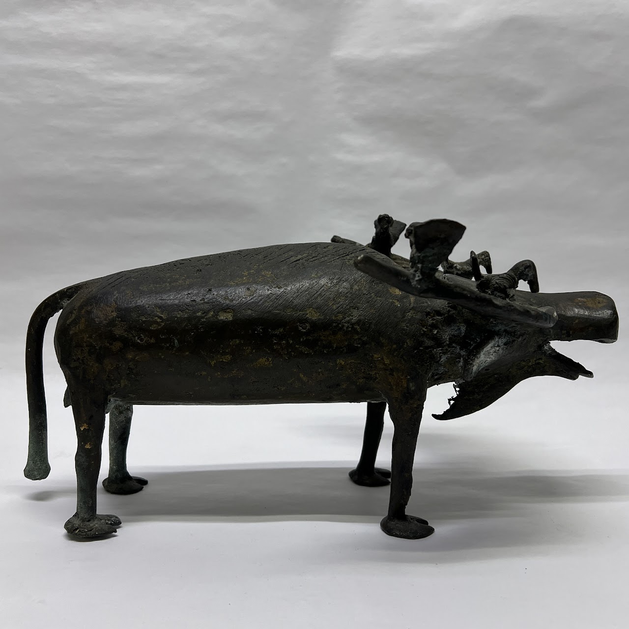 African Benin Style Bronze Water Buffalo Sculpture