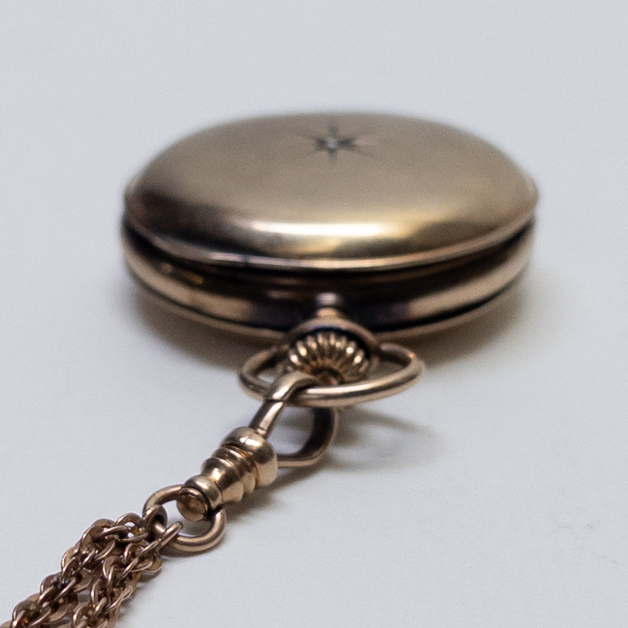 14K Gold & Diamond Alpine Pocket Watch with 14K Gold Chain