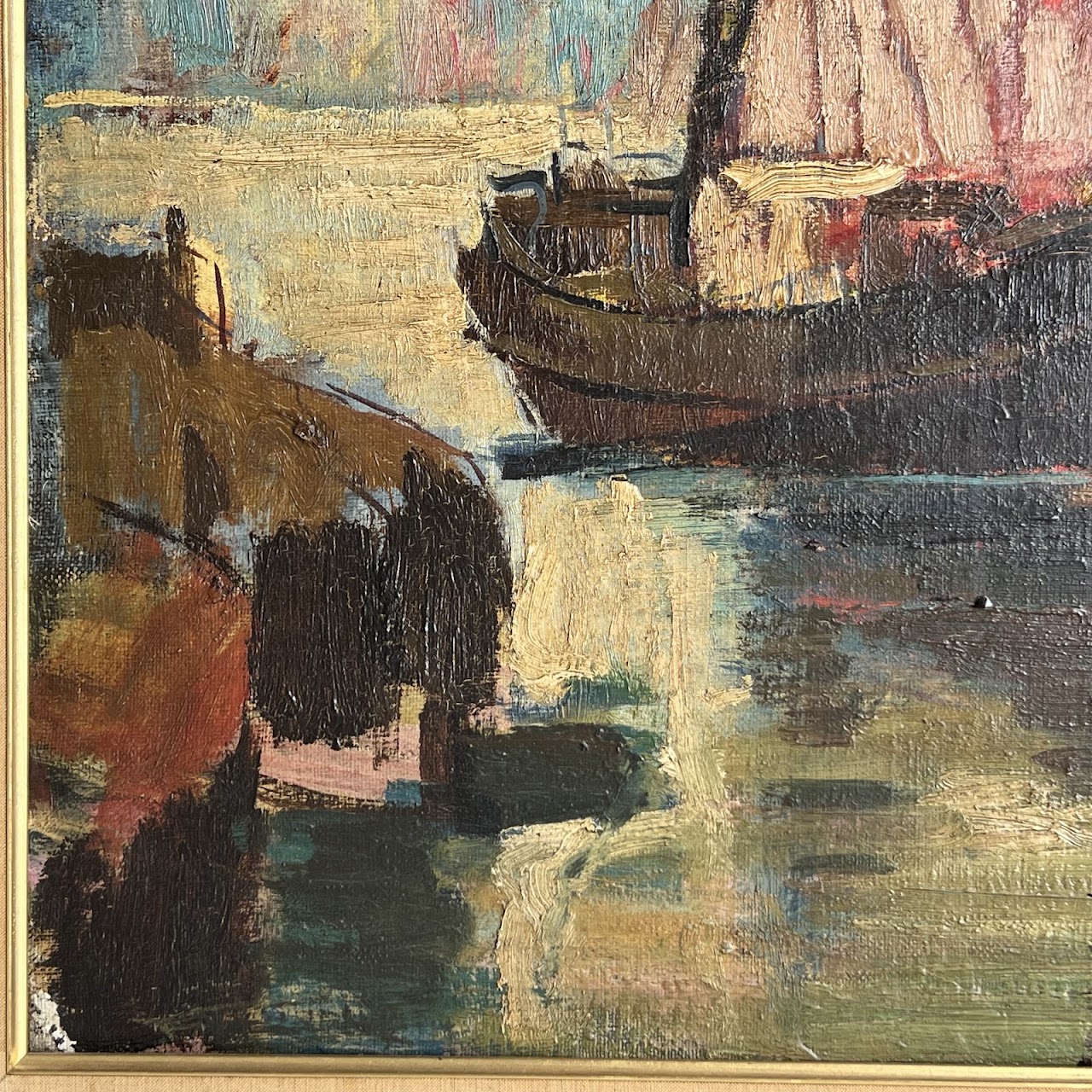 Mid-Century Modern Harbor Scene Signed Oil Painting