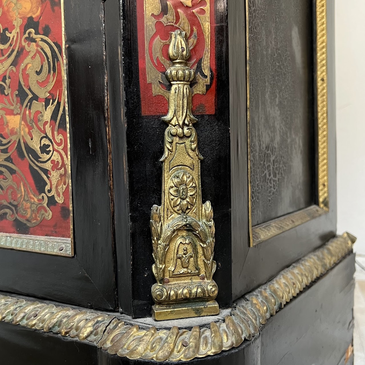 Early 20th C. French Chinoiserie Ormolu Mounted Brass Inlaid Lacquered Display Cabinet