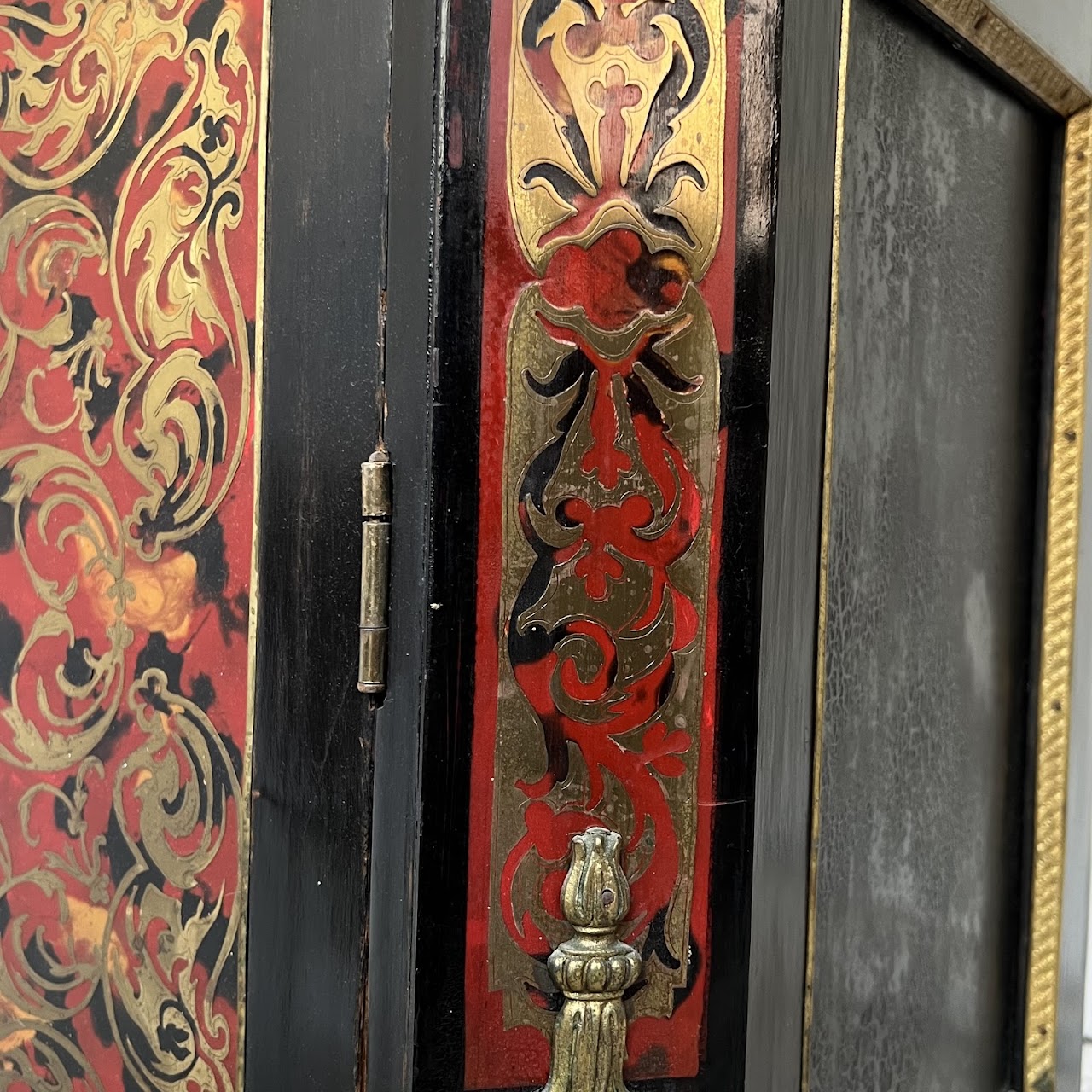 Early 20th C. French Chinoiserie Ormolu Mounted Brass Inlaid Lacquered Display Cabinet