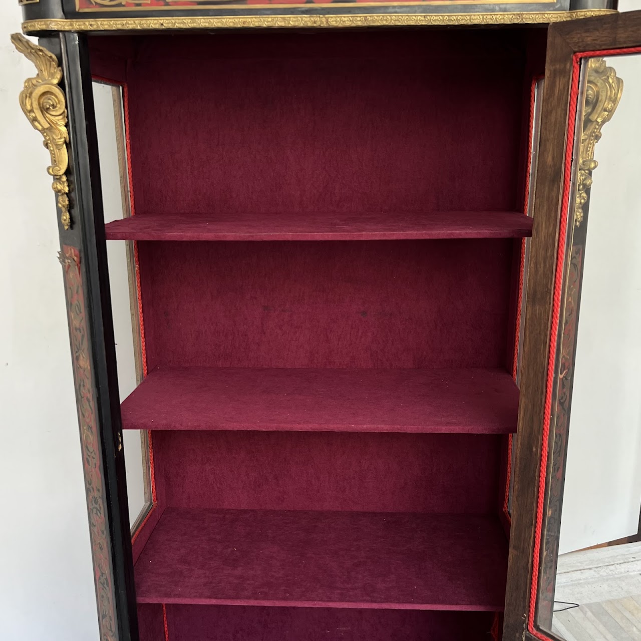 Early 20th C. French Chinoiserie Ormolu Mounted Brass Inlaid Lacquered Display Cabinet