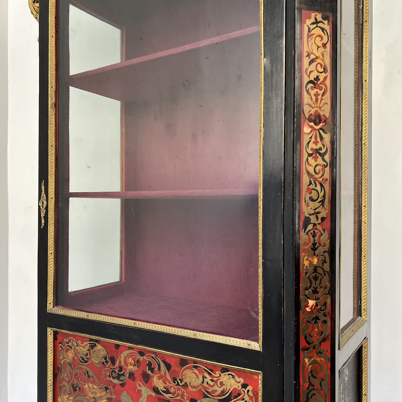 Early 20th C. French Chinoiserie Ormolu Mounted Brass Inlaid Lacquered Display Cabinet