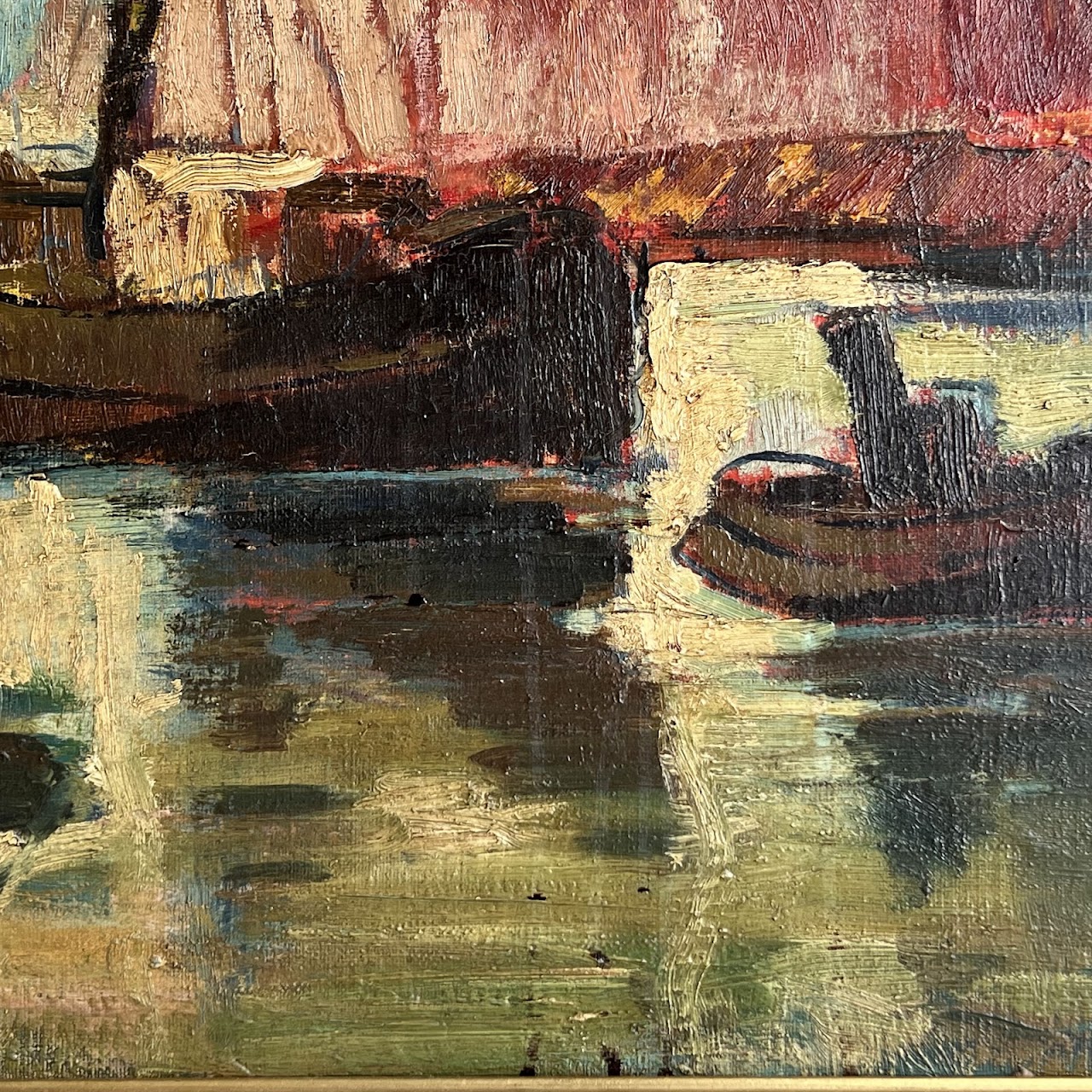 Mid-Century Modern Harbor Scene Signed Oil Painting