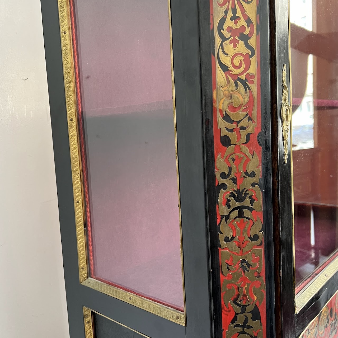 Early 20th C. French Chinoiserie Ormolu Mounted Brass Inlaid Lacquered Display Cabinet