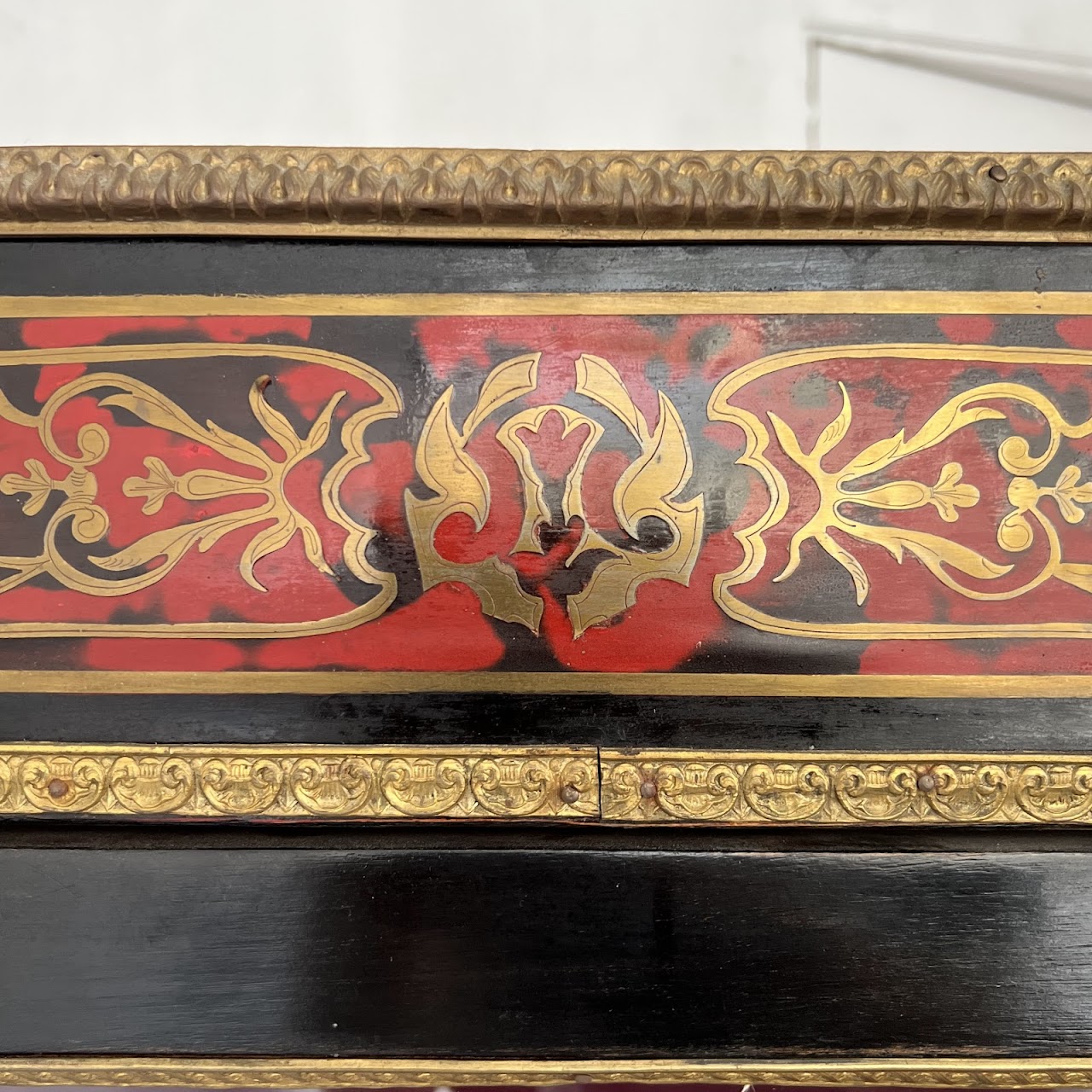 Early 20th C. French Chinoiserie Ormolu Mounted Brass Inlaid Lacquered Display Cabinet