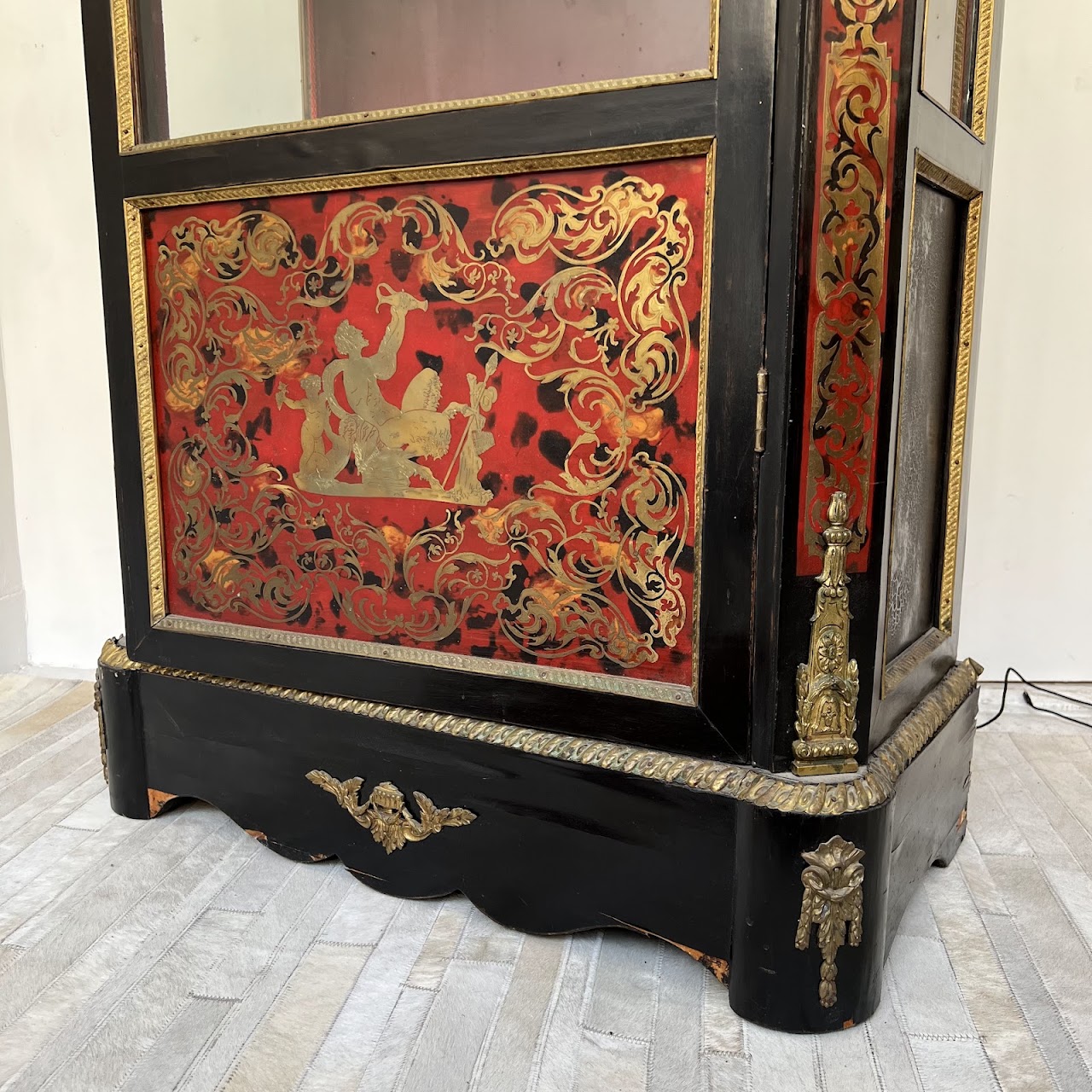 Early 20th C. French Chinoiserie Ormolu Mounted Brass Inlaid Lacquered Display Cabinet