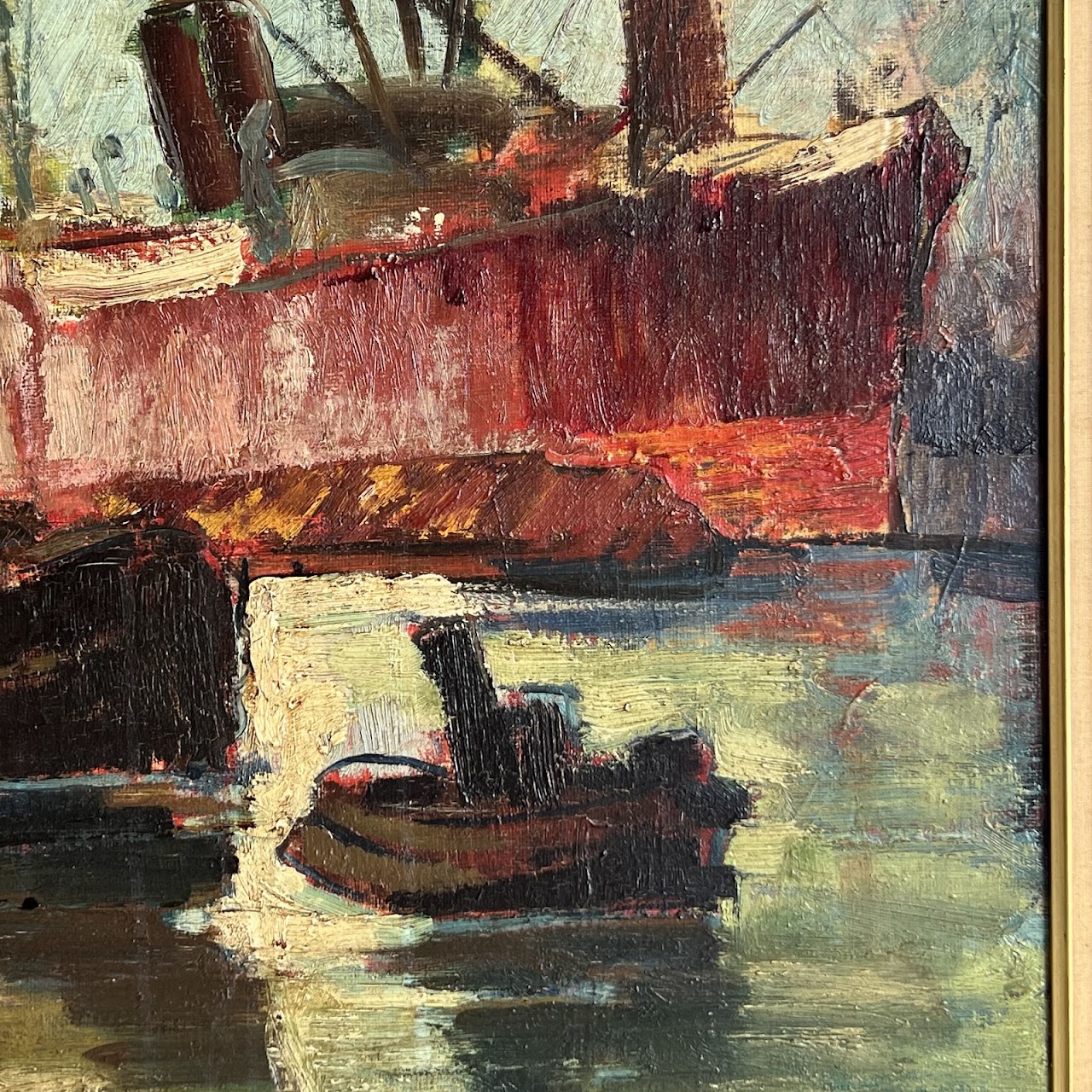 Mid-Century Modern Harbor Scene Signed Oil Painting