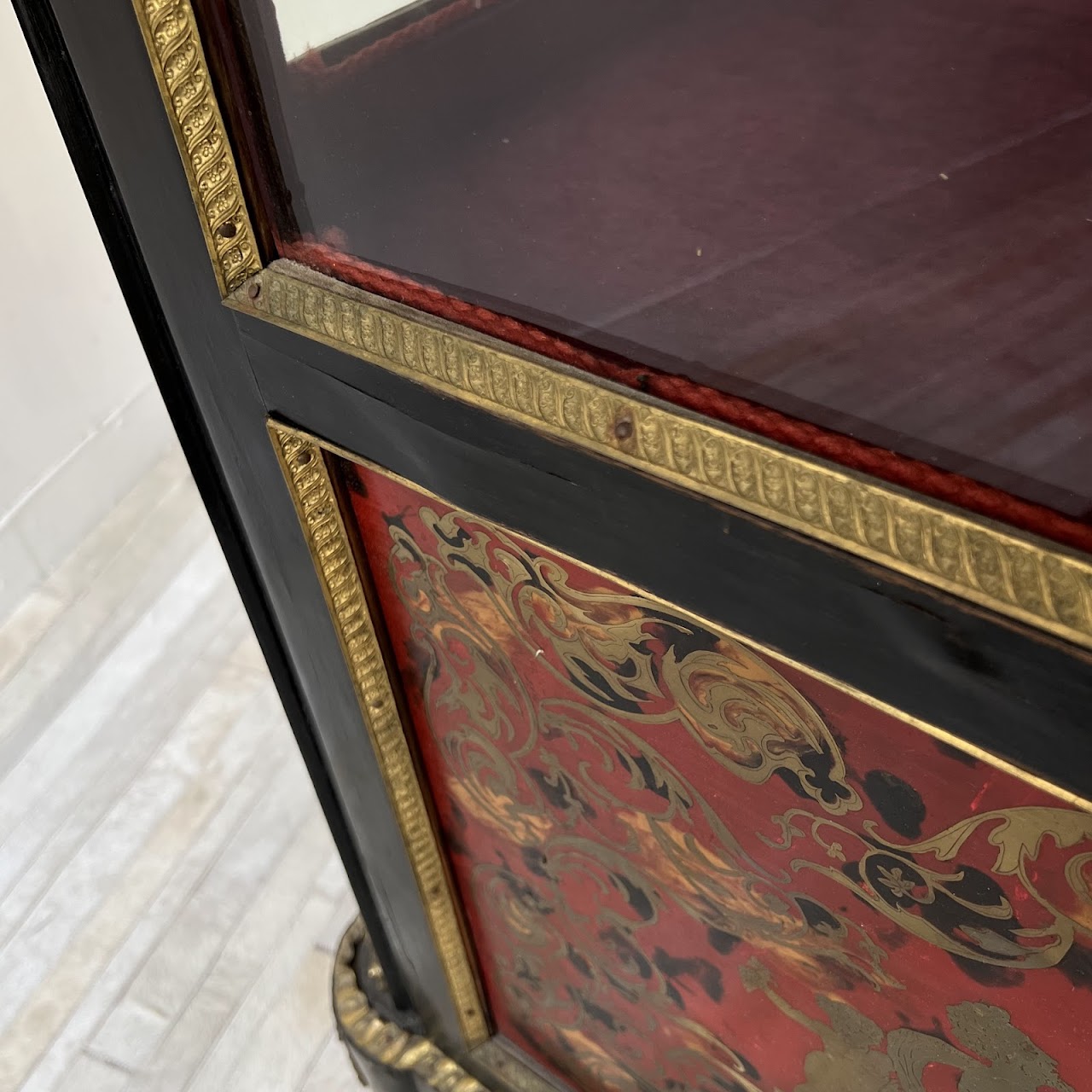 Early 20th C. French Chinoiserie Ormolu Mounted Brass Inlaid Lacquered Display Cabinet