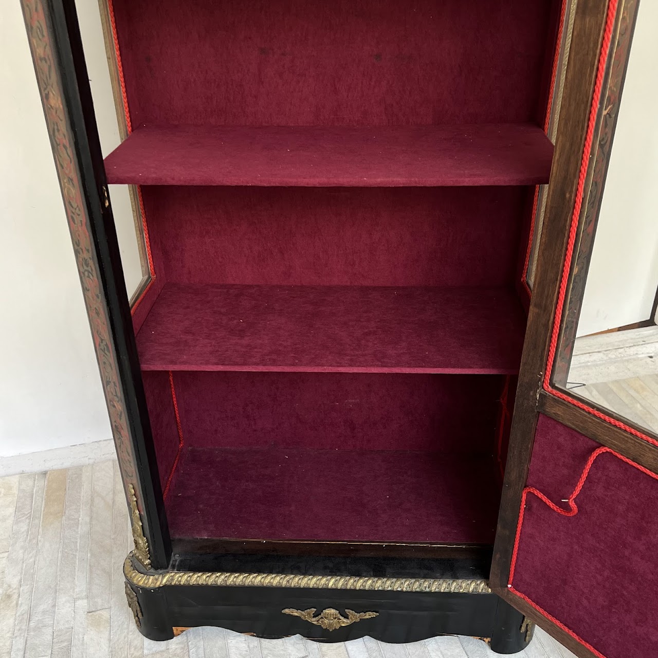 Early 20th C. French Chinoiserie Ormolu Mounted Brass Inlaid Lacquered Display Cabinet