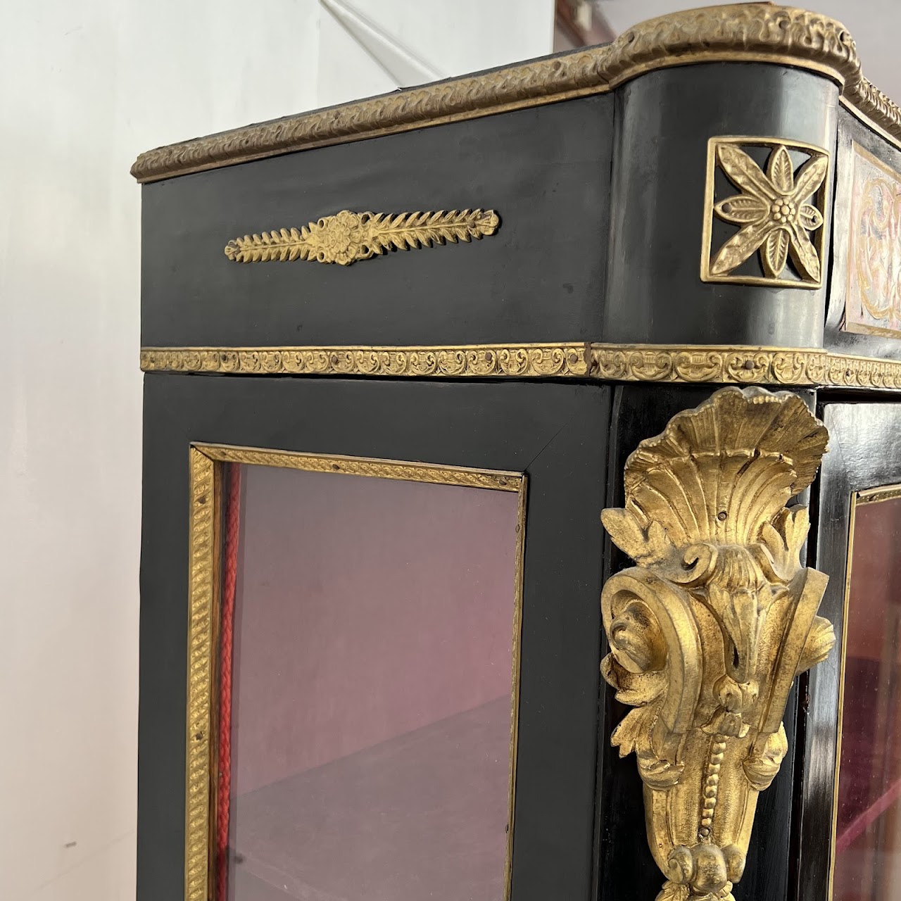 Early 20th C. French Chinoiserie Ormolu Mounted Brass Inlaid Lacquered Display Cabinet