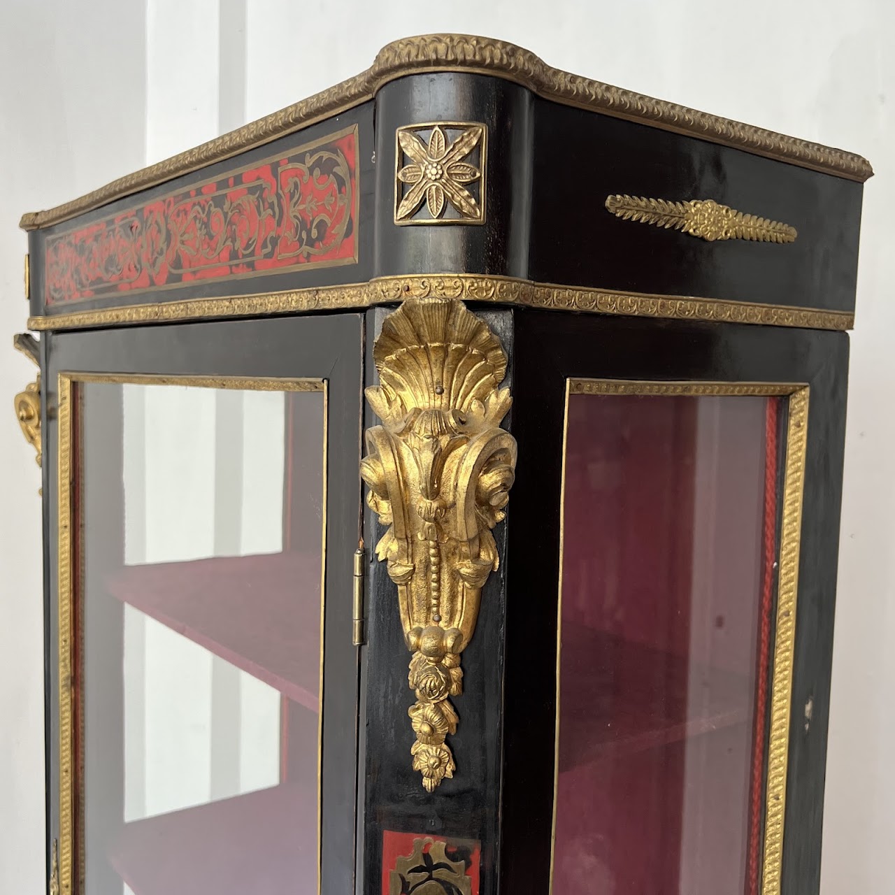 Early 20th C. French Chinoiserie Ormolu Mounted Brass Inlaid Lacquered Display Cabinet