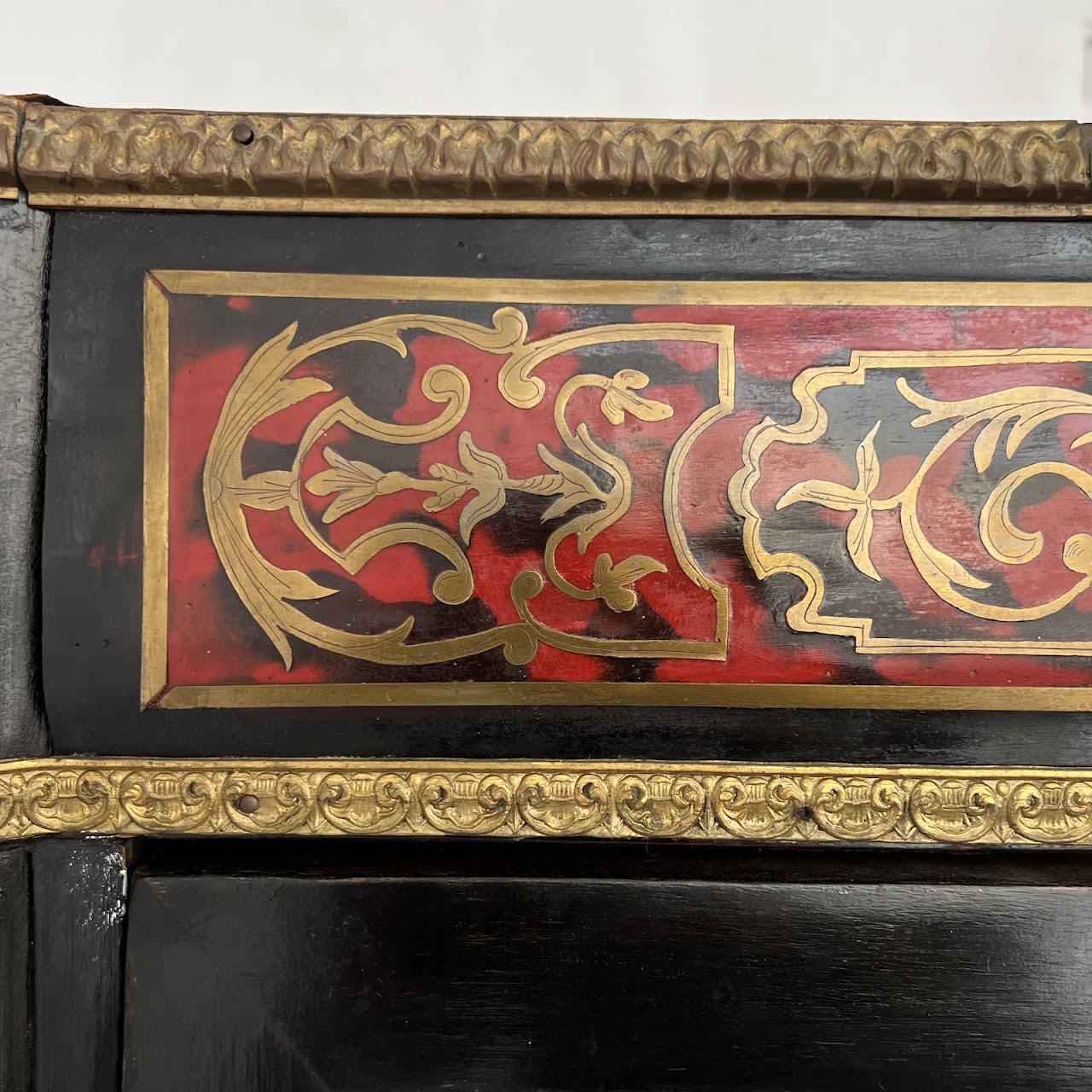 Early 20th C. French Chinoiserie Ormolu Mounted Brass Inlaid Lacquered Display Cabinet