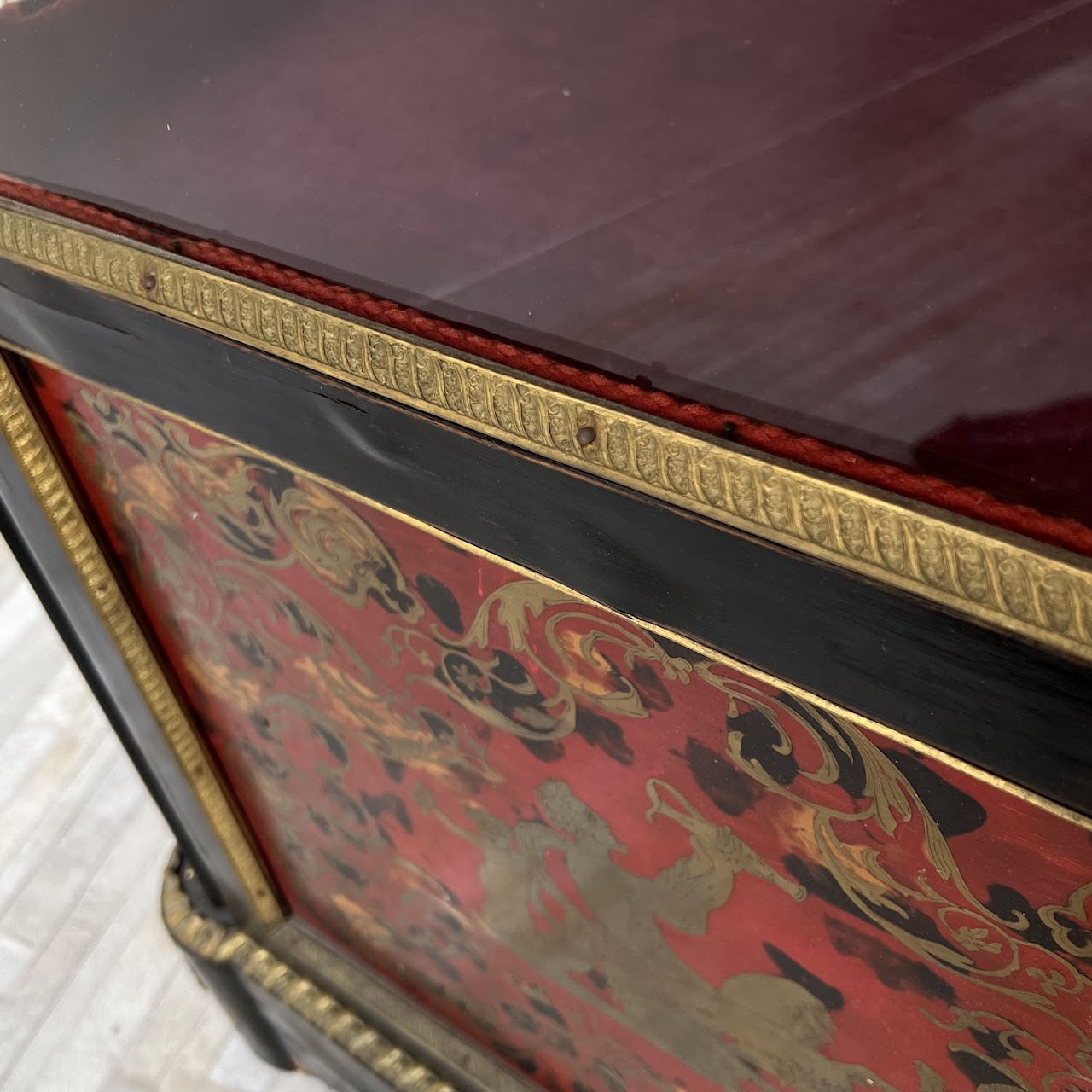 Early 20th C. French Chinoiserie Ormolu Mounted Brass Inlaid Lacquered Display Cabinet