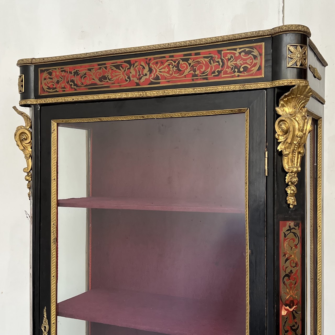 Early 20th C. French Chinoiserie Ormolu Mounted Brass Inlaid Lacquered Display Cabinet