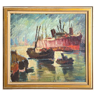 Mid-Century Modern Harbor Scene Signed Oil Painting