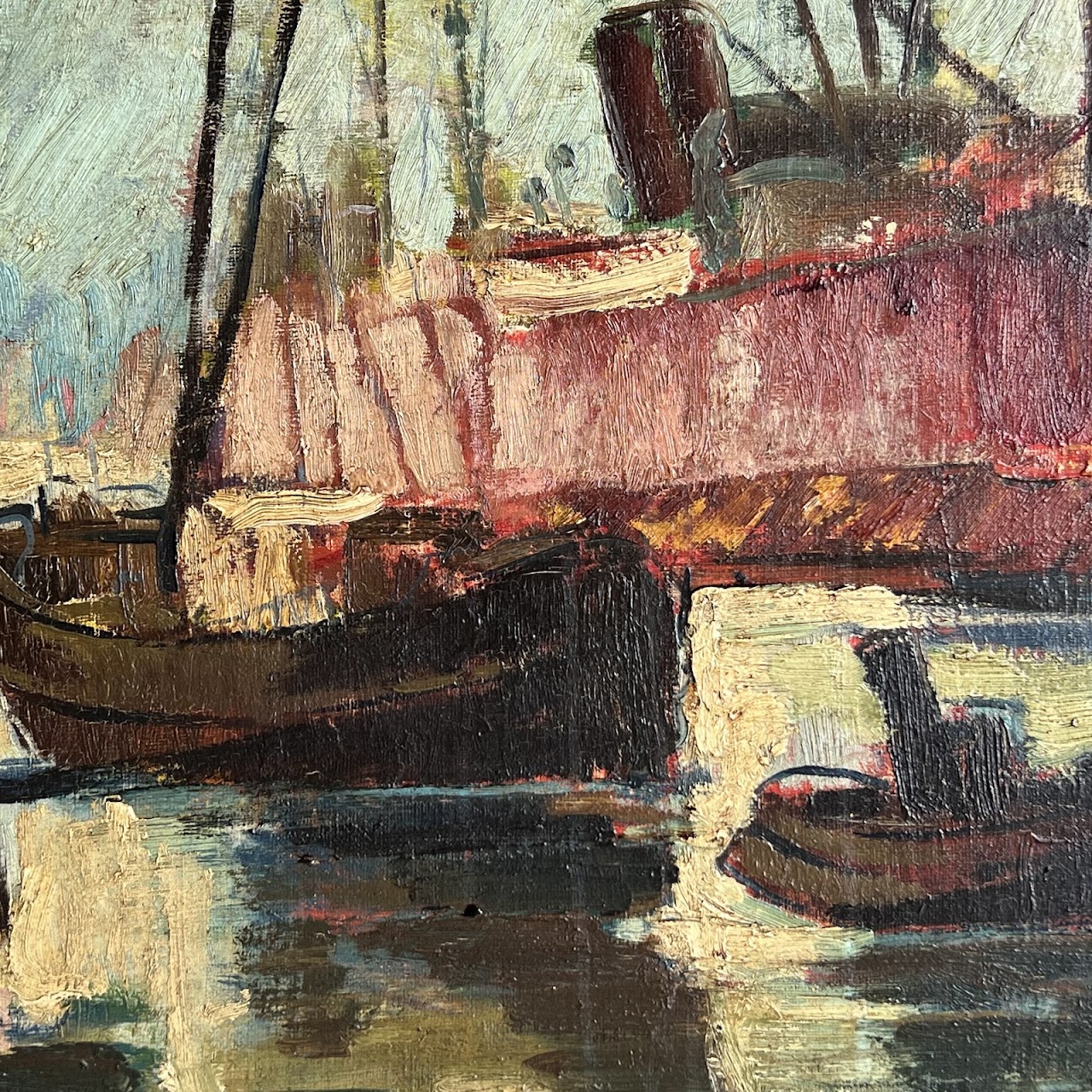 Mid-Century Modern Harbor Scene Signed Oil Painting