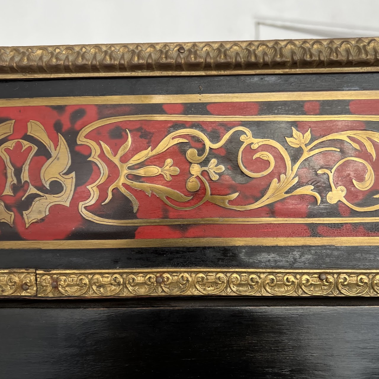 Early 20th C. French Chinoiserie Ormolu Mounted Brass Inlaid Lacquered Display Cabinet