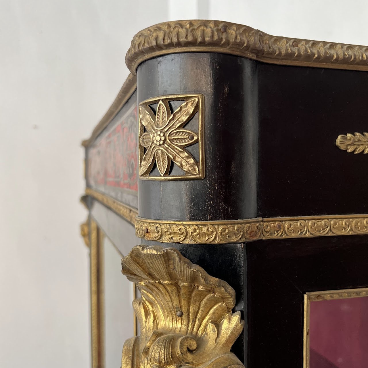 Early 20th C. French Chinoiserie Ormolu Mounted Brass Inlaid Lacquered Display Cabinet