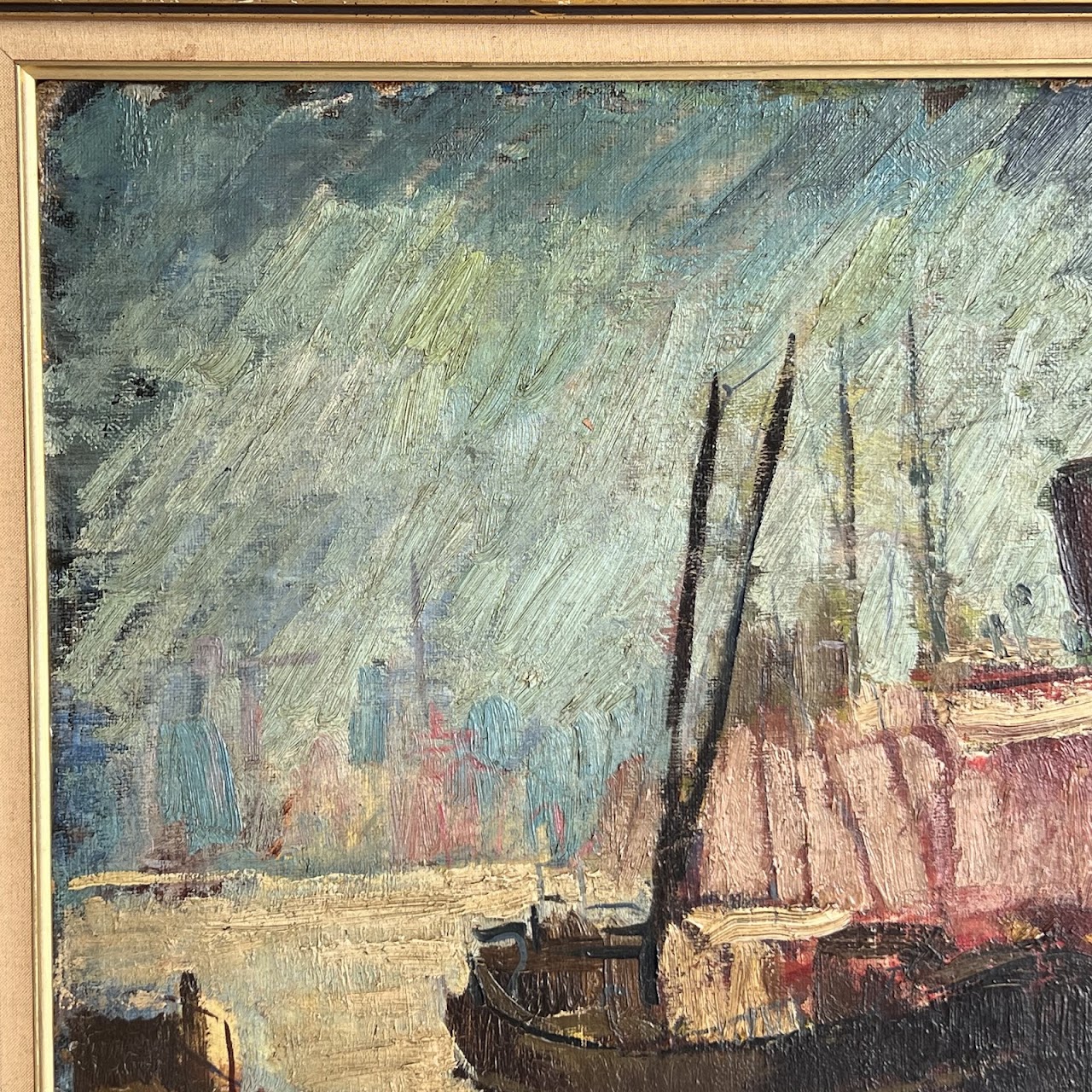 Mid-Century Modern Harbor Scene Signed Oil Painting