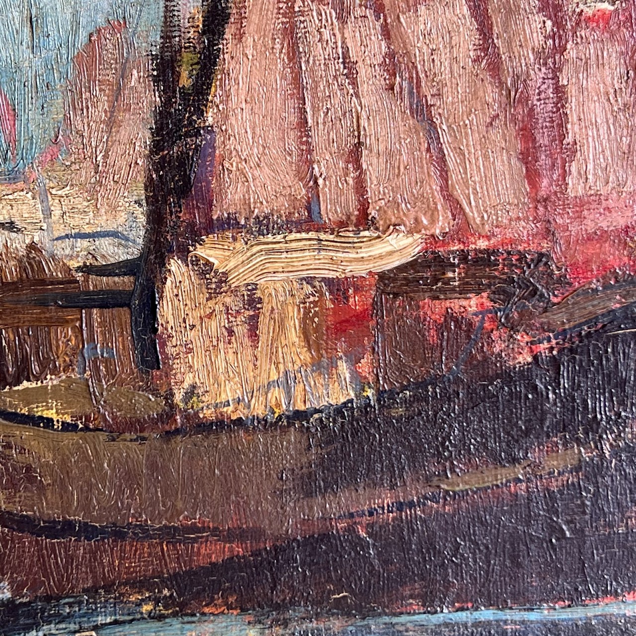 Mid-Century Modern Harbor Scene Signed Oil Painting