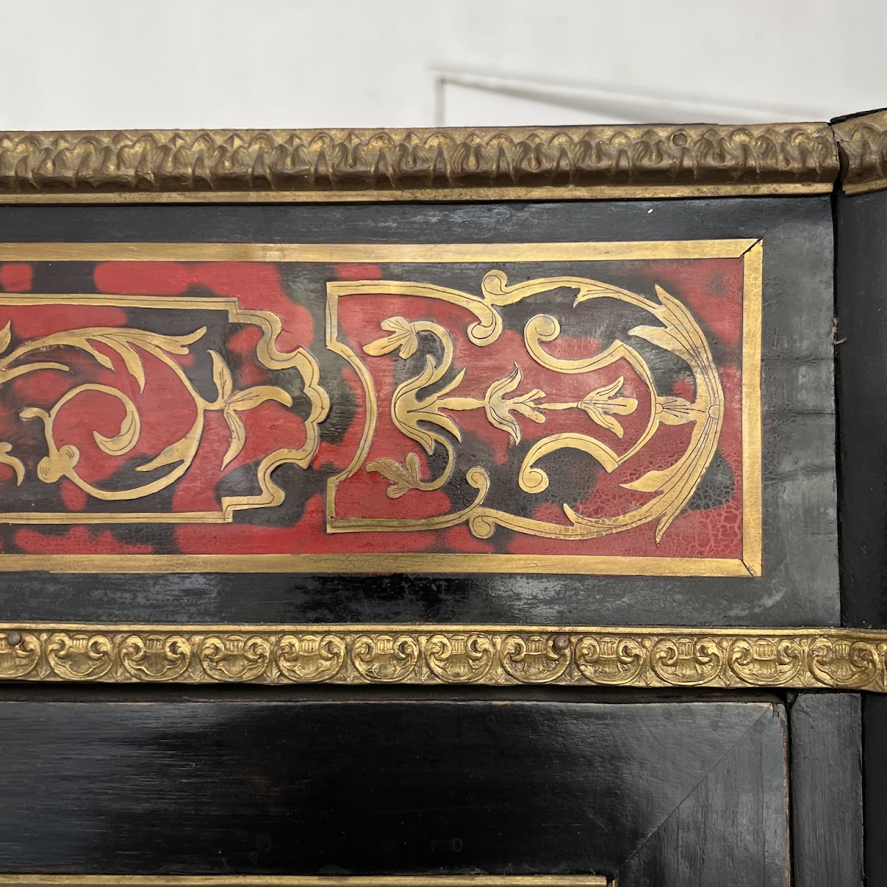 Early 20th C. French Chinoiserie Ormolu Mounted Brass Inlaid Lacquered Display Cabinet