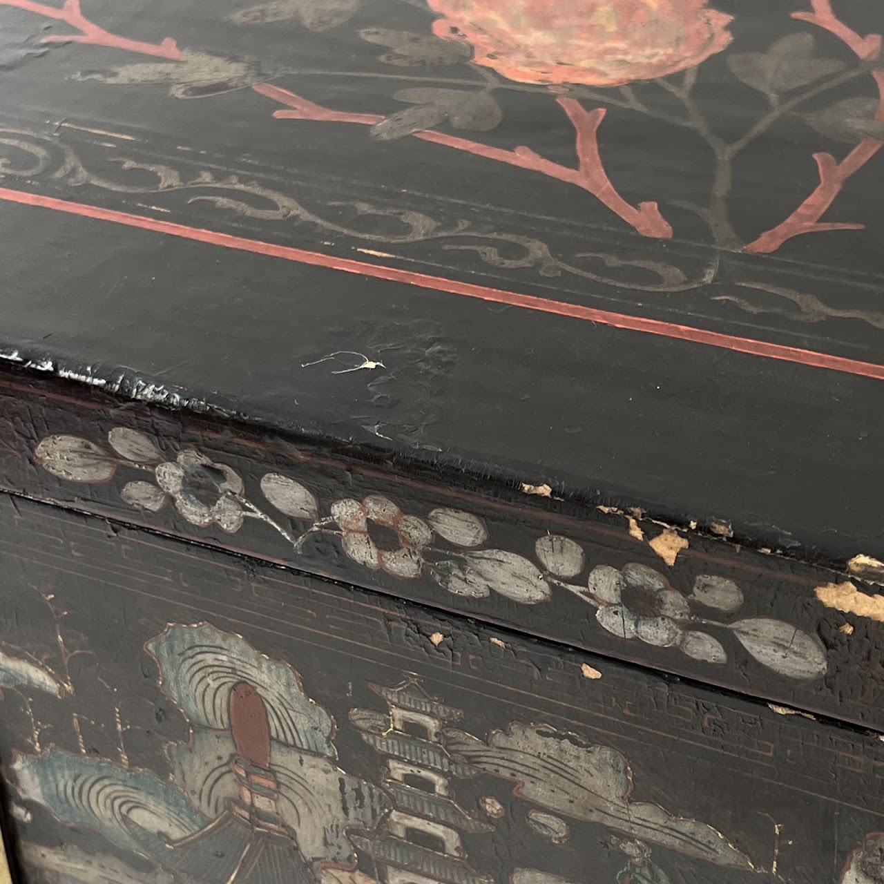 Chinoiserie Hand-Painted and Lacquered Antique Chest #1