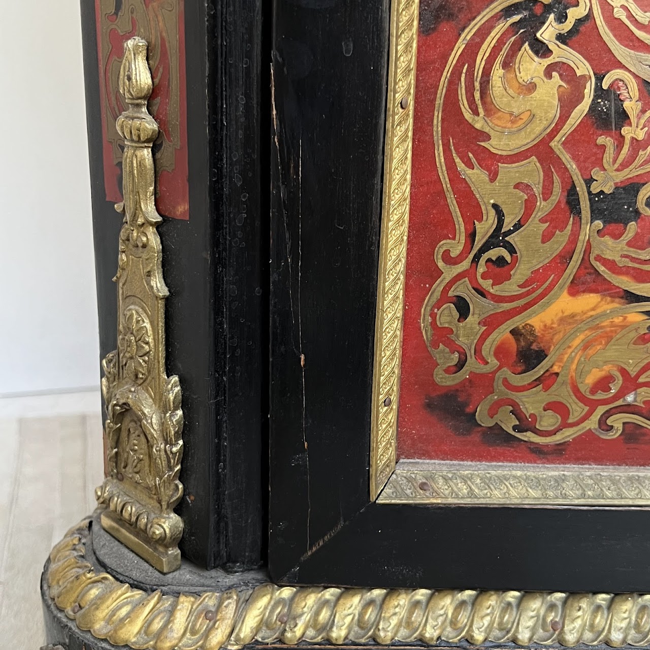 Early 20th C. French Chinoiserie Ormolu Mounted Brass Inlaid Lacquered Display Cabinet