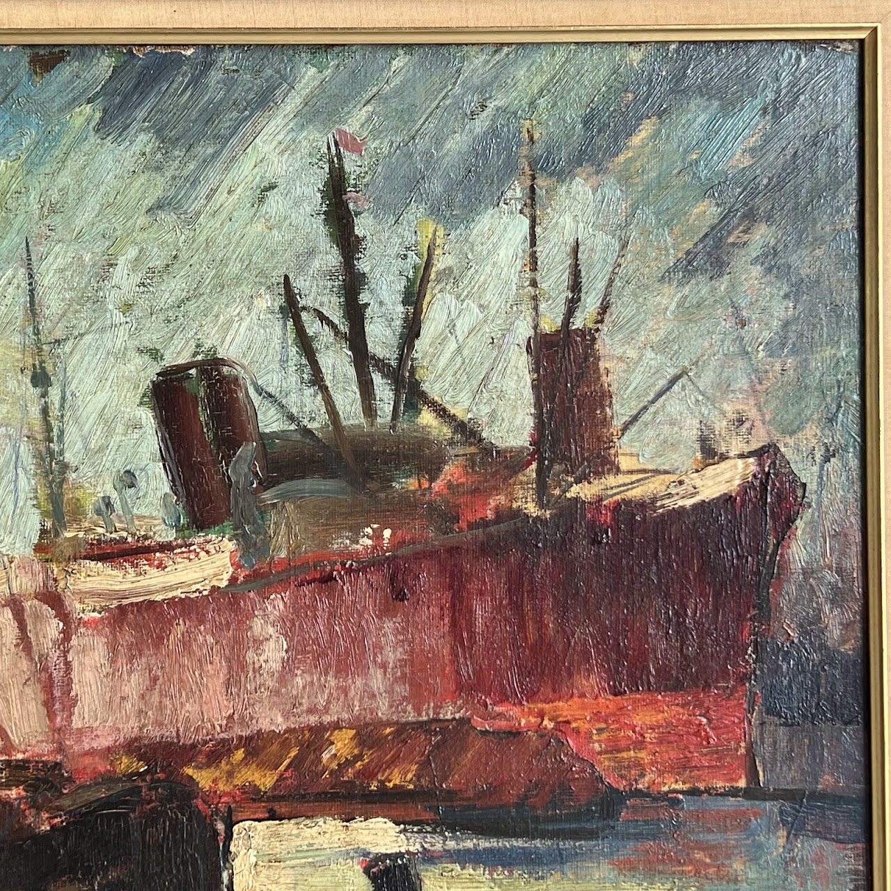 Mid-Century Modern Harbor Scene Signed Oil Painting