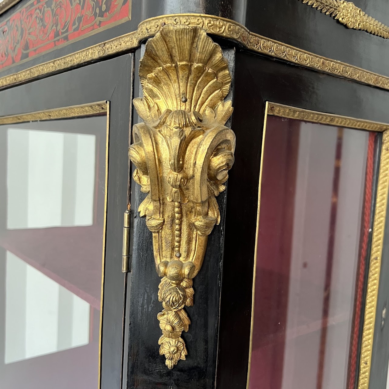 Early 20th C. French Chinoiserie Ormolu Mounted Brass Inlaid Lacquered Display Cabinet