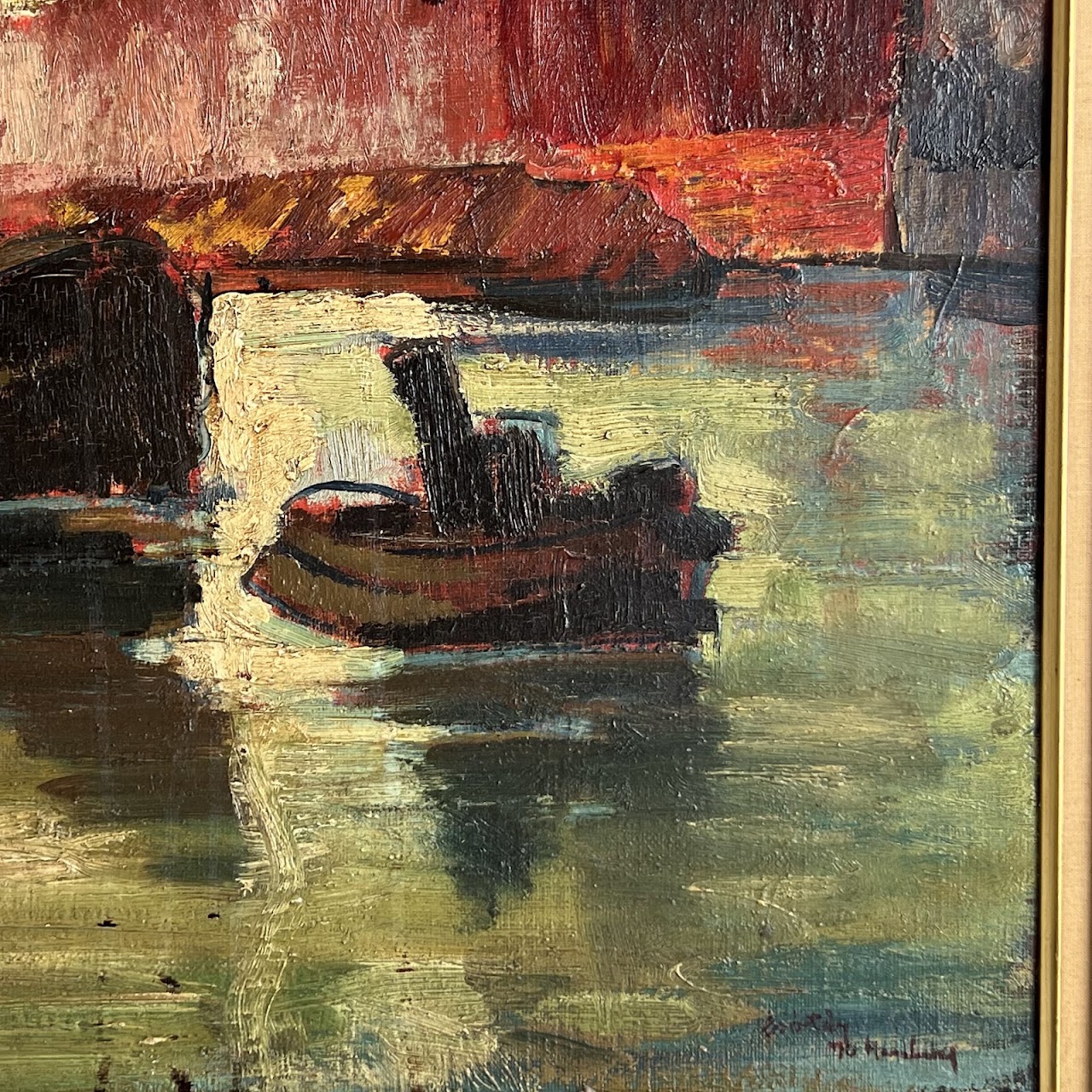 Mid-Century Modern Harbor Scene Signed Oil Painting